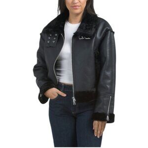 HUDSON Faux Leather Cropped Aviator Jacket With Faux Fur Trim